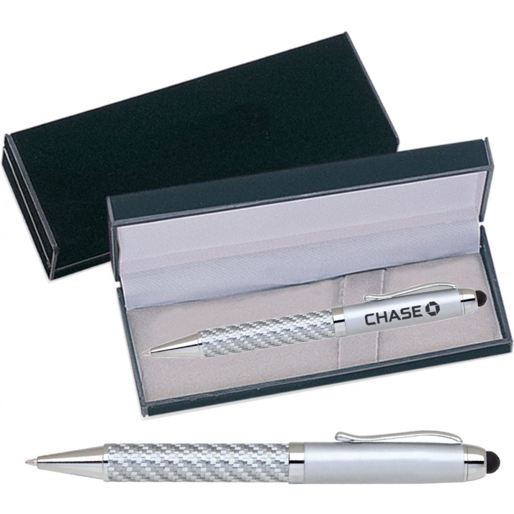 Logo Branded FIBERTEC Series Stylus Pen, silver carbon fiber barrel stylus pen with velvet gift box