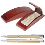 Logo Branded JJ Series Pen and Pencil Gift Set in Rosewood Color Wood Gift Box with Hinge Cover - Gold pen