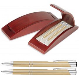 Logo Branded JJ Series Pen and Pencil Gift Set in Rosewood Color Wood Gift Box with Hinge Cover - Gold pen  Logo Branded JJ Series Pen and Pencil Gift Set in Rosewood Color Wood Gift Box with Hinge Cover - Gold pen