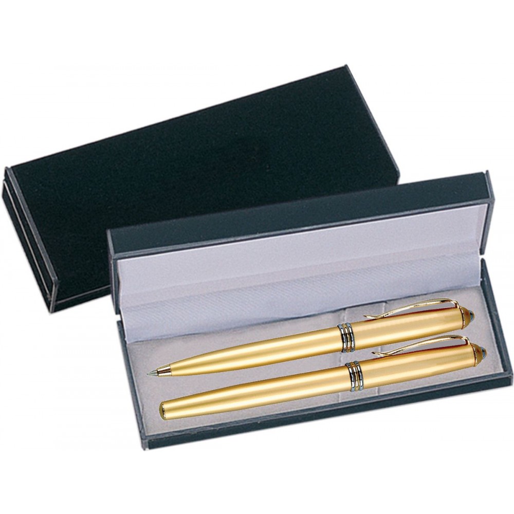 AC Series Pen and Roller Pen Gift Set - Gold Pen and Roller Pen with chrome rings accent Custom Imprinted