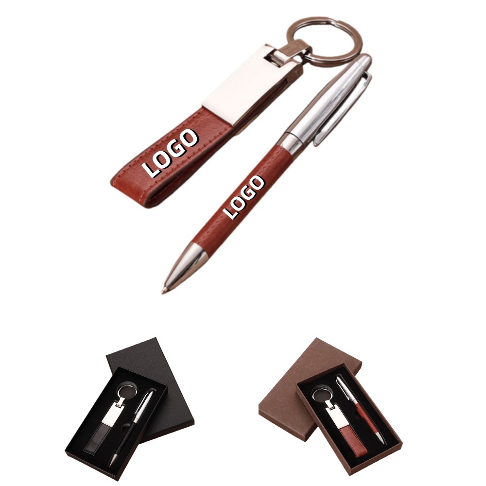 Logo Branded Leather Keychain & Ballpoint Pen Set