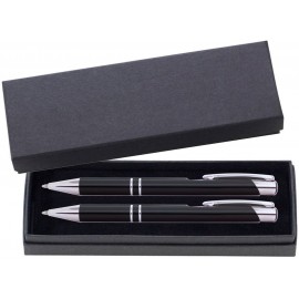 JJ Series Pen and Pencil Gift Set in Black Cardboard Paper Gift Box with Velvet lining - Black pen Logo Branded