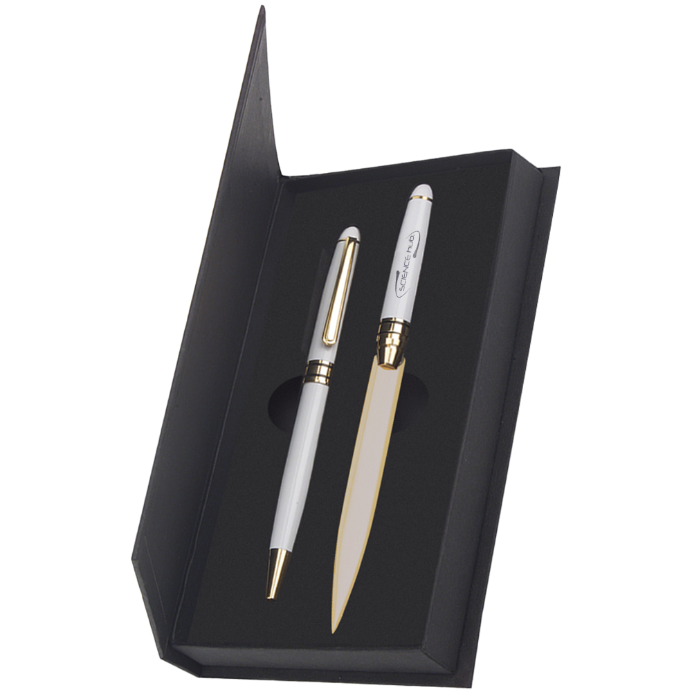 Custom Imprinted Danish-I Brass Letter Opener with GS Double Pen Set