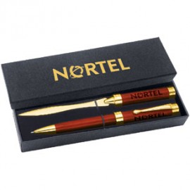 Rosewood Letter Opener / Ballpoint Pen Set With Black Box Logo Branded