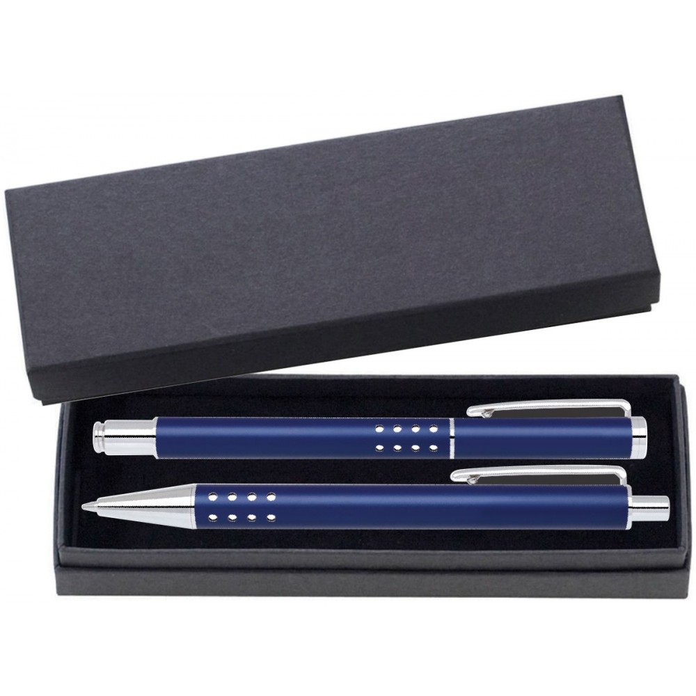Dot Grip Pen Series - Blue Pen and Roller Pen Gift Set, Silver Dots Grip, Crescent Moon Shape Clip Custom Imprinted