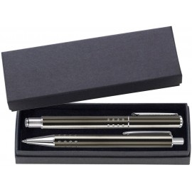 Dot Grip Pen Series - Gunmetal Pen and Roller Pen Gift Set, Dots Grip, Crescent Moon Shape Clip Custom Imprinted