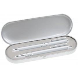 Dot Grip Pen Series - Silver Pen and Roller Pen Gift Set, Silver Dots Grip, Crescent Moon Shape Clip Custom Imprinted