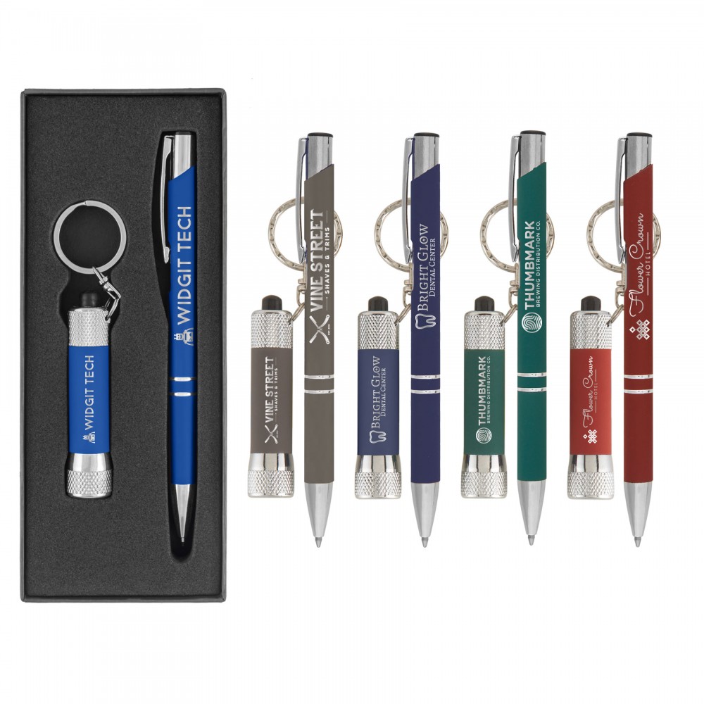 Custom Engraved Tres-Chic & Chroma Softy - Laser Engraved - Metal Pen & Flashlight Gift Set