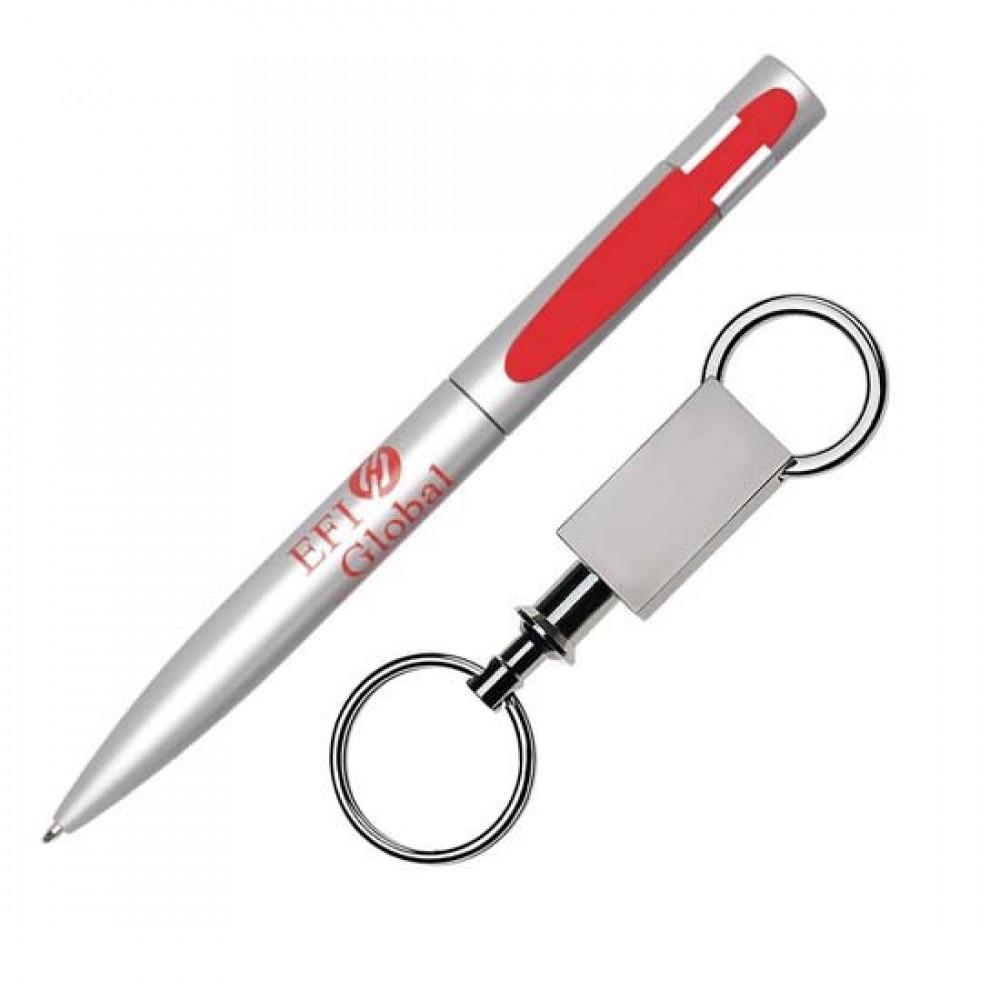 Custom Imprinted Harmony Pen/Keyring Gift Set - Silver/Red