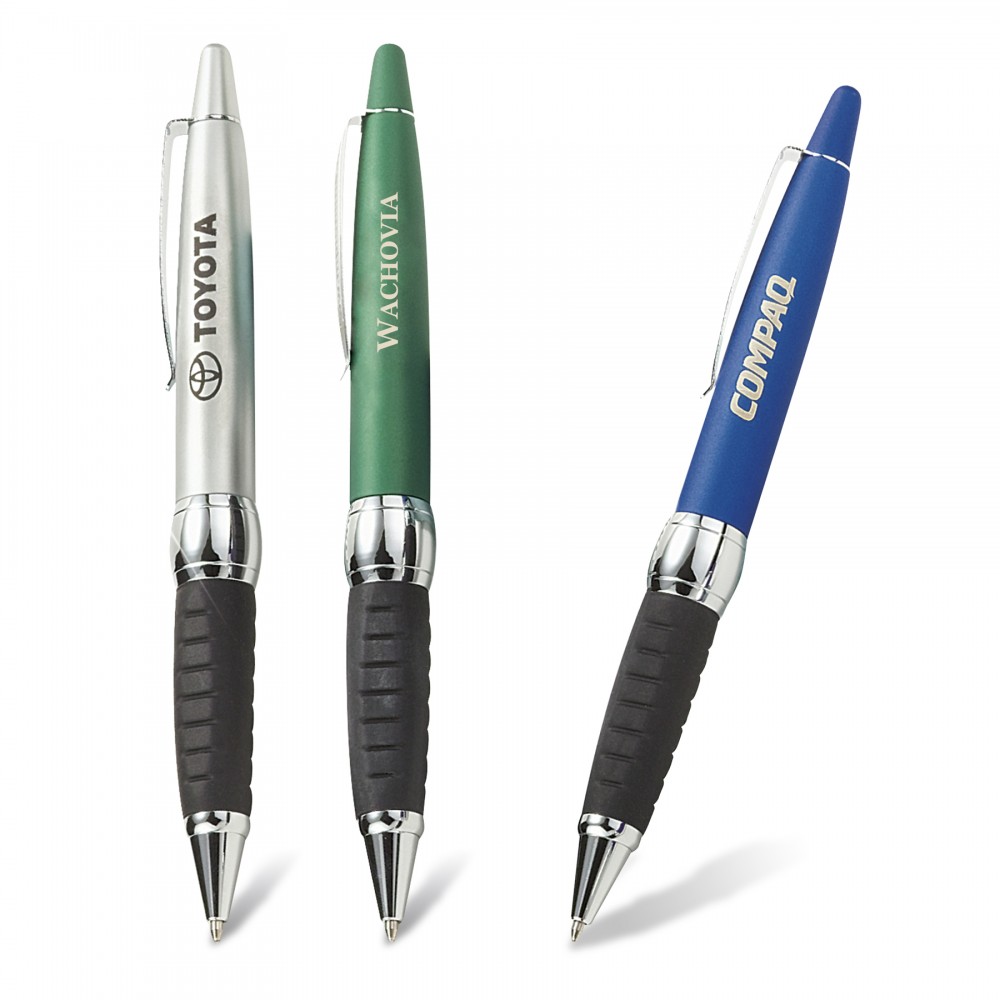 Logo Branded Soft Touch Series Metallic Finish Ballpoint Pen with Ridged Rubberized Grip Logo Branded Soft Touch Series Metallic Finish Ballpoint Pen with Ridged Rubberized Grip