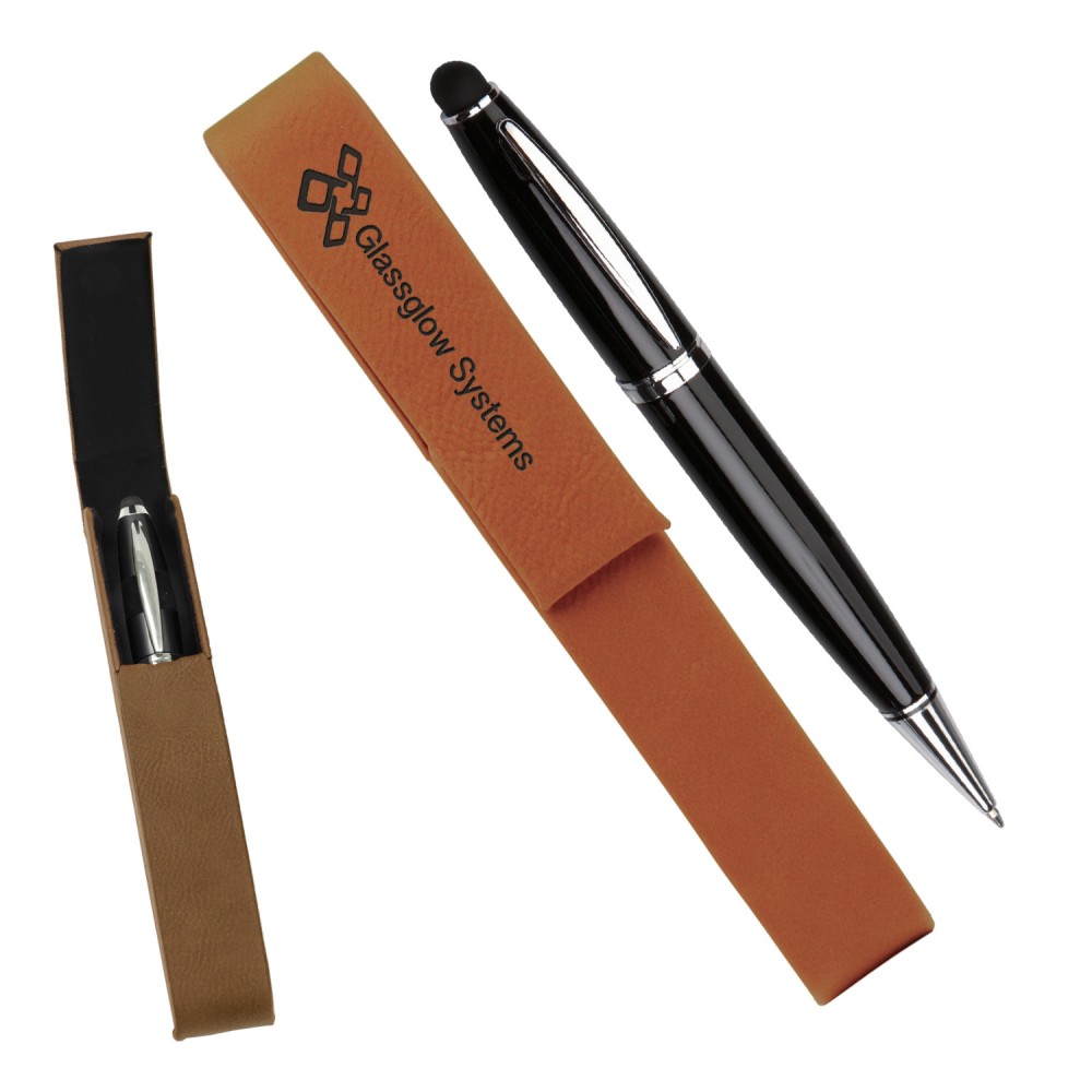 Custom Imprinted Leatherette Single Pen Case with 1 Blank Pen with Stylus - Rawhide Custom Imprinted Leatherette Single Pen Case with 1 Blank Pen with Stylus - Rawhide