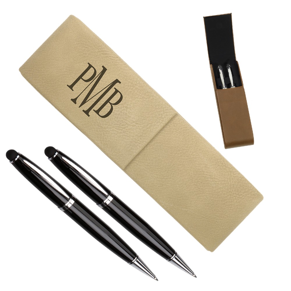 Leatherette Double Pen Case with 2 Blank Pens with Stylus - Light Brown Custom Imprinted