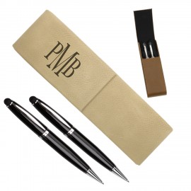 Leatherette Double Pen Case with 2 Blank Pens with Stylus - Light Brown with Logo