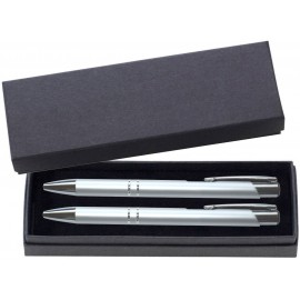 JJ Series Pen and Pencil Gift Set in Black Cardboard Paper Gift Box with Velvet lining - Silver pen Custom Engraved