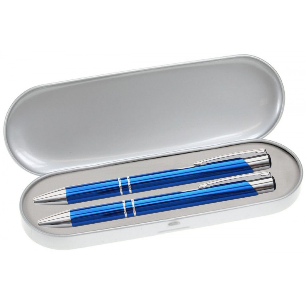 Custom Engraved JJ Series Pen and Pencil Gift Set in Silver Tin Gift Box with Hinge Cover - Blue pen