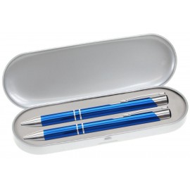 Custom Engraved JJ Series Pen and Pencil Gift Set in Silver Tin Gift Box with Hinge Cover - Blue pen