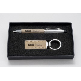 Promotional Taupe Leather Gift Set Pen and Key Ring