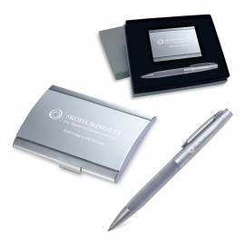 2-Piece Gift Set of Business Card Case and Rubber Grip Ballpoint Pen Logo Branded