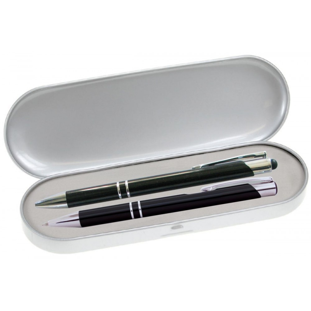 JJ Series Stylus Pen and Pencil Gift Set in Silver Tin Gift Box with Hinge Cover - Black pen Custom Imprinted JJ Series Stylus Pen and Pencil Gift Set in Silver Tin Gift Box with Hinge Cover - Black pen Custom Imprinted