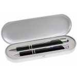 JJ Series Stylus Pen and Pencil Gift Set in Silver Tin Gift Box with Hinge Cover - Black pen Custom Imprinted