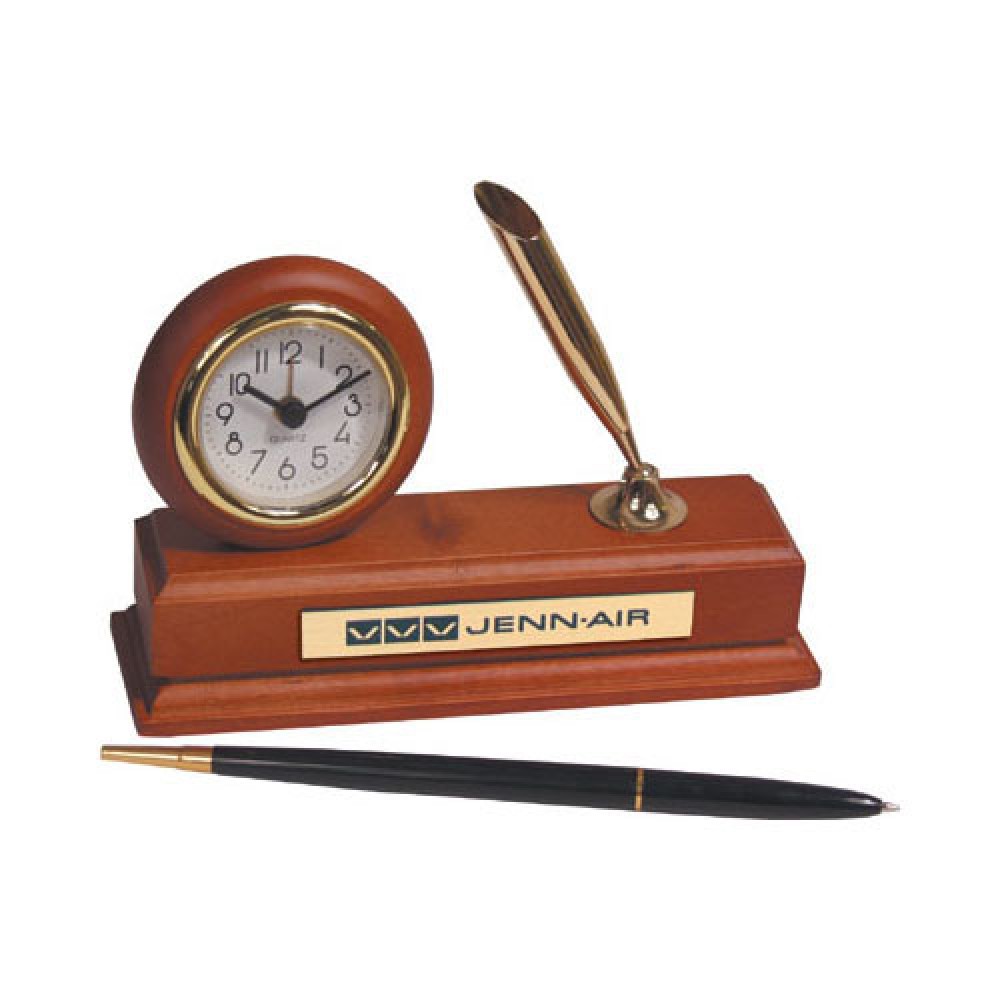 Logo Branded Walnut Wood Alarm Clock Desk Set w/ Pen