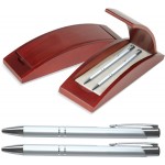 Custom Imprinted JJ Series Pen and Pencil Gift Set in Rosewood Color Wood Gift Box with Hinge Cover, Silver pen