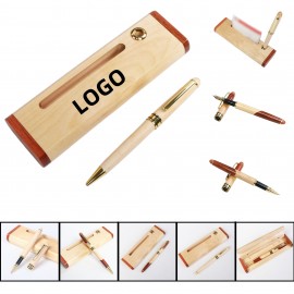 Inlaid Wood and Maple Pen & Business Card Holder Set Custom Imprinted