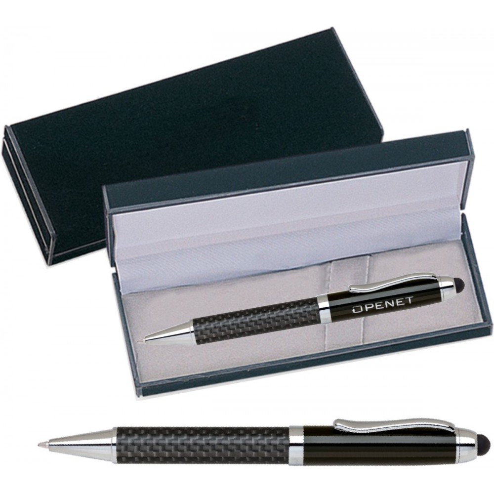 Custom Engraved FIBERTEC Series Stylus Pen, black carbon fiber barrel stylus pen with velvet gift box