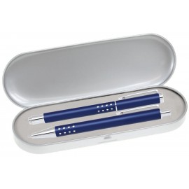 Logo Branded Dot Grip Pen Series - Blue Pen and Roller Pen Gift Set, Silver Dots Grip, Crescent Moon Shape Clip