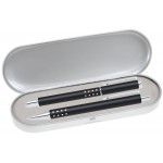 Logo Branded Dot Grip Pen Series - Black Pen and Roller Pen Gift Set, Silver Dots Grip, Crescent Moon Shape Clip