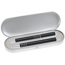 Logo Branded Dot Grip Pen Series - Black Pen and Roller Pen Gift Set, Silver Dots Grip, Crescent Moon Shape Clip