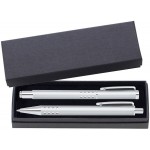 Custom Imprinted Dot Grip Pen Series - Silver Pen and Roller Pen Gift Set, Silver Dots Grip, Crescent Moon Shape Clip