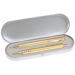 Custom Imprinted Dot Grip Pen Series - Gold Pen and Roller Pen Gift Set, Silver Dots Grip, Crescent Moon Shape Clip