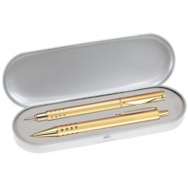 Custom Imprinted Dot Grip Pen Series - Gold Pen and Roller Pen Gift Set, Silver Dots Grip, Crescent Moon Shape Clip
