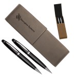 Leatherette Double Pen Case with 2 Blank Pens with Stylus - Grey Logo Branded