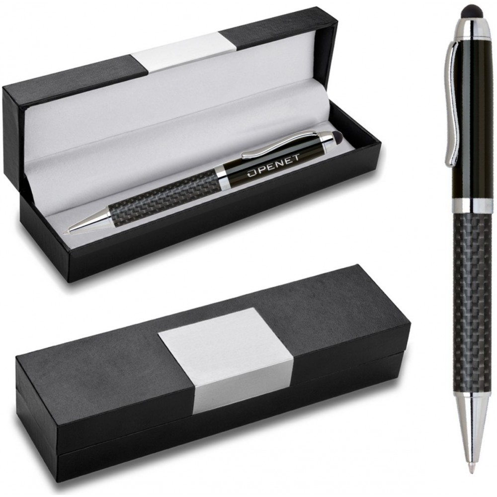 Custom Imprinted FIBERTEC Series Stylus Pen, carbon fiber barrel stylus pen with black gift box