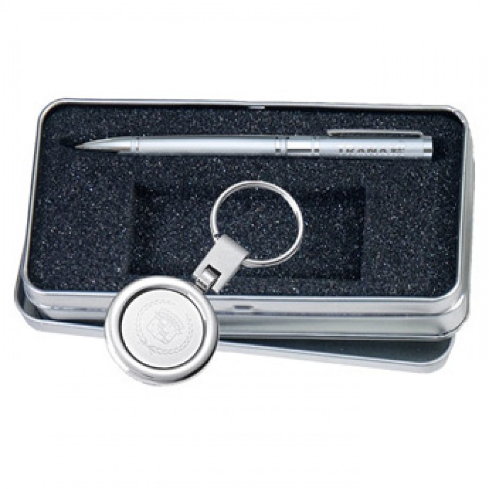 Custom Imprinted Round Key Ring & Silver Ballpoint Pen w/ Silver Metal Gift Box Custom Imprinted Round Key Ring & Silver Ballpoint Pen w/ Silver Metal Gift Box