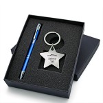 Lovely Gift Set with Polished Star Shaped Keychain & Aluminum Pen Custom Engraved