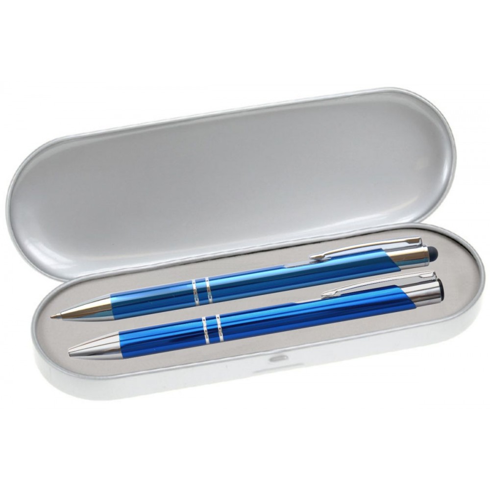 JJ Series Stylus Pen and Pencil Gift Set in Silver Tin Gift Box with Hinge Cover - Blue pen Logo Branded JJ Series Stylus Pen and Pencil Gift Set in Silver Tin Gift Box with Hinge Cover - Blue pen Logo Branded
