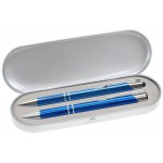 JJ Series Stylus Pen and Pencil Gift Set in Silver Tin Gift Box with Hinge Cover - Blue pen Logo Branded