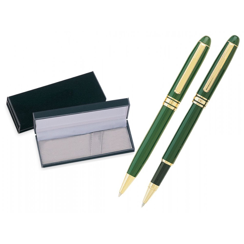 Custom Imprinted MB Series Pen and Roller Pen Gift Set in black velvet gift box - green pen set