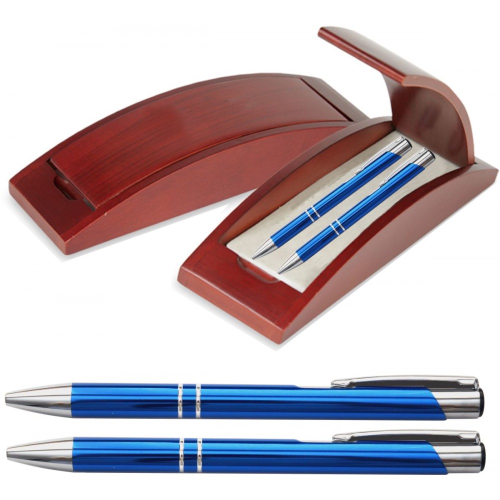 Custom Imprinted JJ Series Pen and Pencil Gift Set in Rosewood Color Wood Gift Box with Hinge Cover, Blue pen