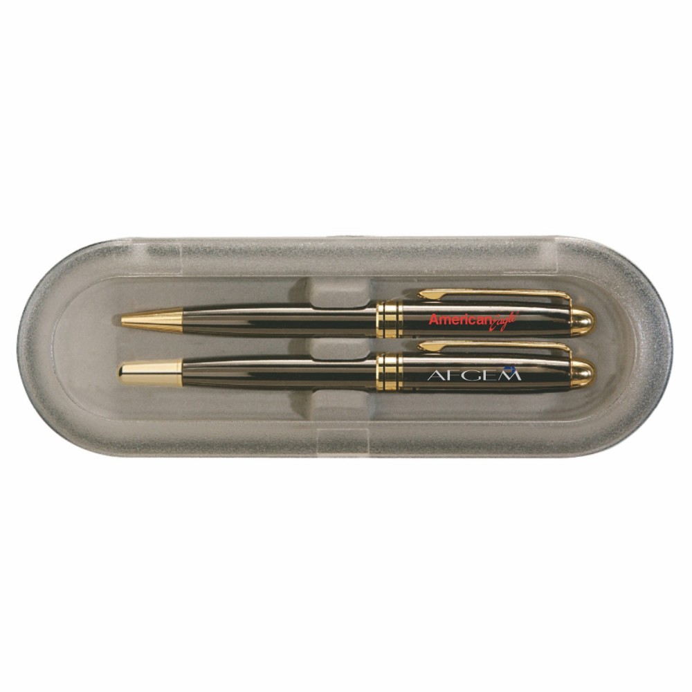 Deluxe Case w/Gun Metal Milano Pen & Rollerball Set Custom Imprinted
