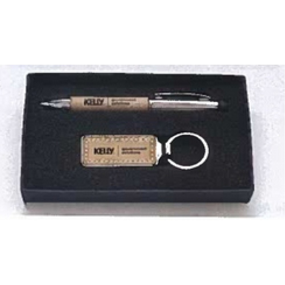 Custom Imprinted Airflyte Taupe Leather Gift Set Pen & Key Ring