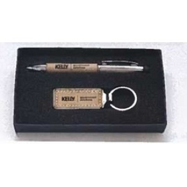 Custom Imprinted Airflyte Taupe Leather Gift Set Pen & Key Ring
