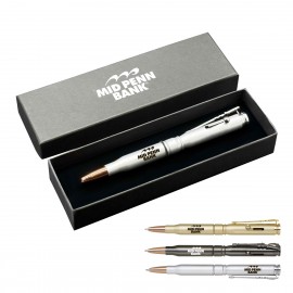 Deluxe Brass Bullet Shaped Ballpoint Pen with Riffle-Style clip Gift Set Custom Engraved