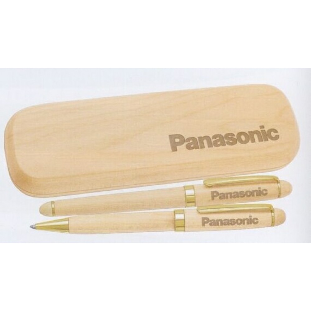 6-3/4"x2"x7/8" Maple Wood Rollerball / Ballpoint Pen Set With Box Custom Engraved
