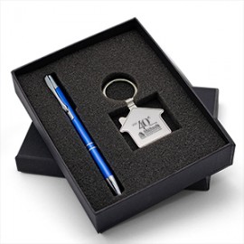 Logo Branded Beautiful Gift Set with Quality Metal House Shaped Keychain & Aluminum Pen makes an ideal gift