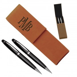 Custom Imprinted Leatherette Double Pen Case with 2 Blank Pens with Stylus - Rawhide