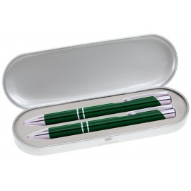 JJ Series Pen and Pencil Gift Set in Silver Tin Gift Box with Hinge Cover - Green pen Custom Engraved